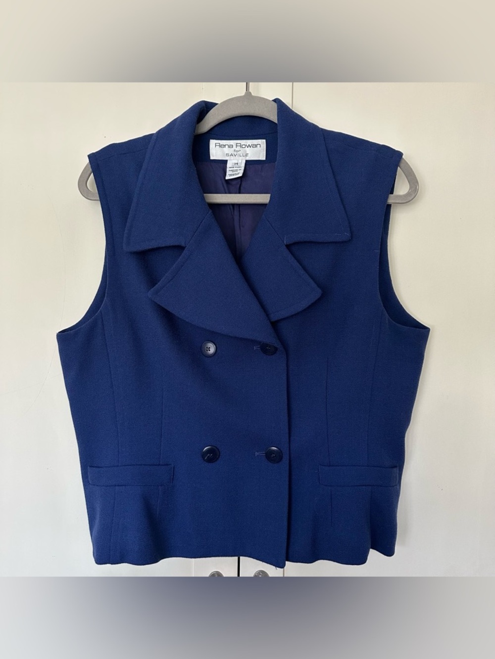 Vintage Rena Rowan for Saville Double Breasted Vest Blue 100% Wool Size 14